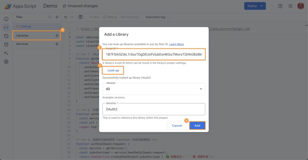 App script Oauth library
