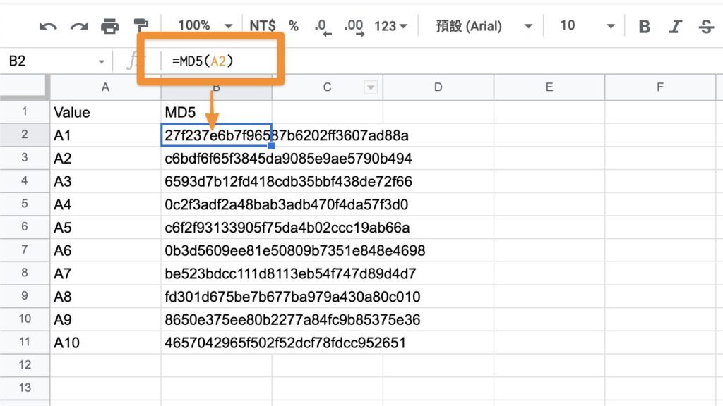 Google app script for simple example MD5