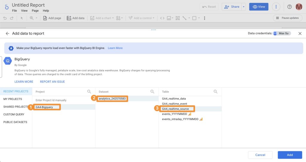 LookerStudio 選擇 BigQuery 檢視表