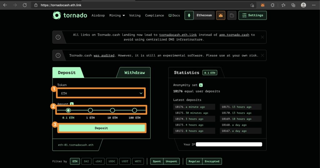deposit with tornado cash