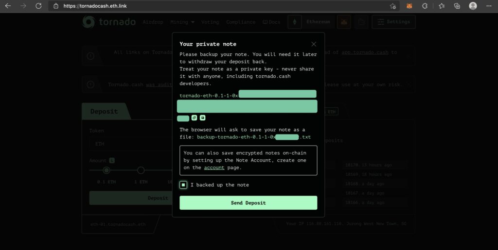 private note by tornado cash