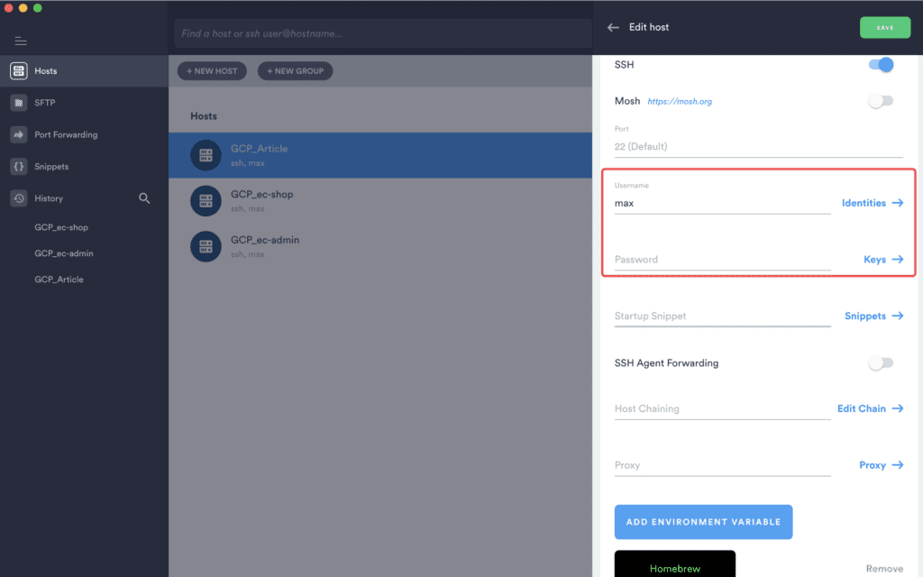 edit host user & password in termius