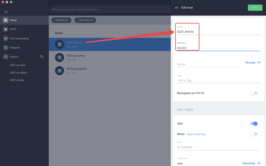 edit host label & key in termius